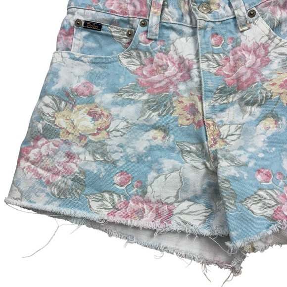 Polo Ralph Lauren Shorts Womens Size 28 Blue‎ Pink Floral Denim Cutoff - Picture 6 of 10